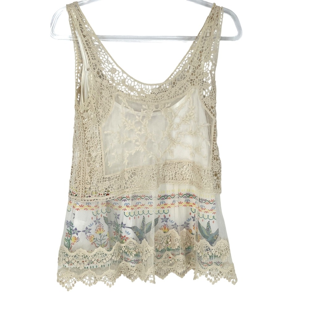 Desigual Crochet Lace Overlay Tank Top M White Hummingbird Print Boho Fairy